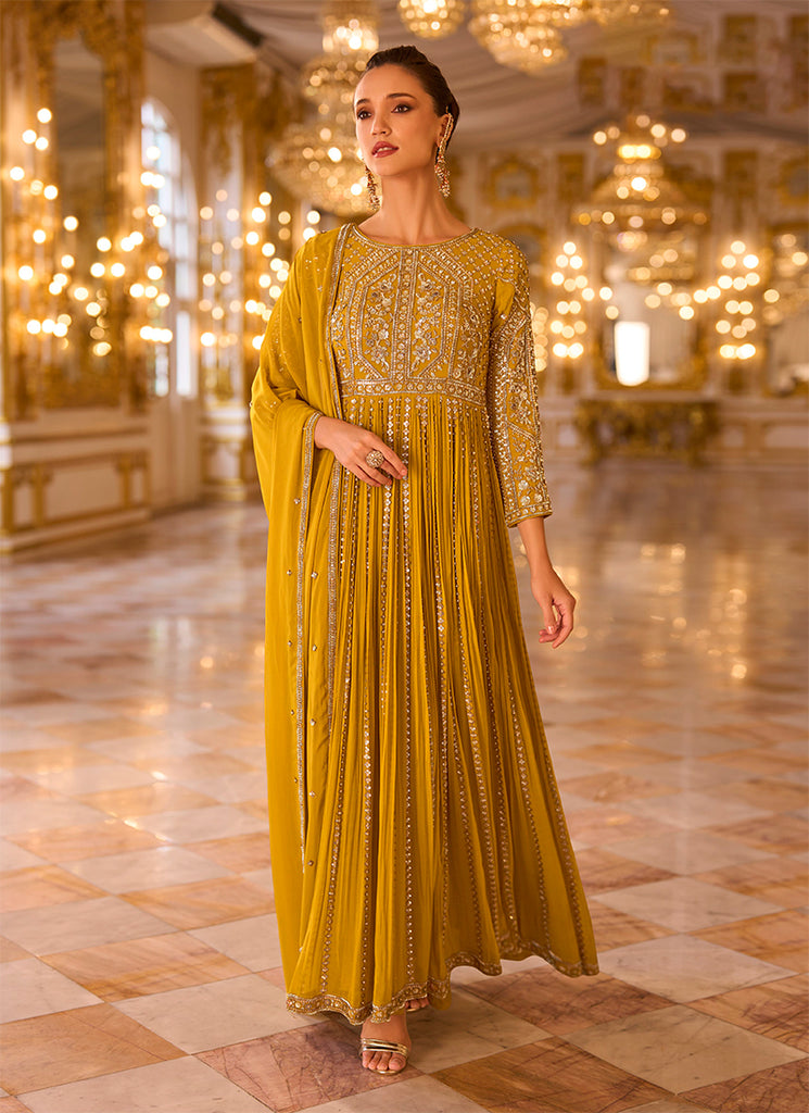 Mustard Gold Embroidered Anarkali Suit