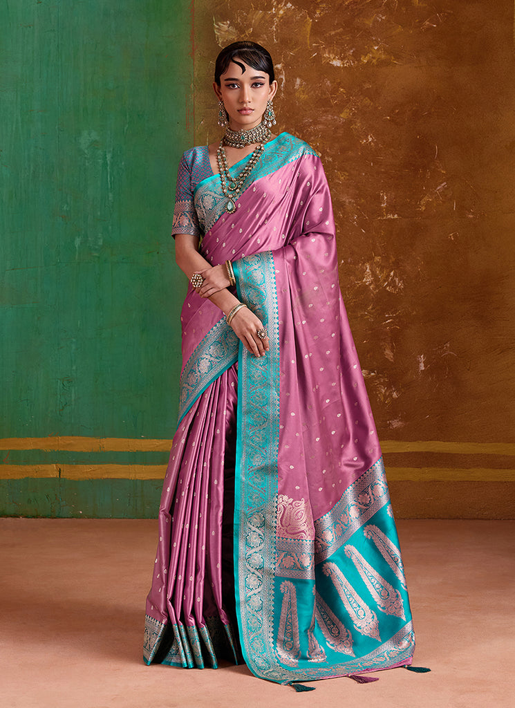 Pink and Teal Handwoven Silk Saree