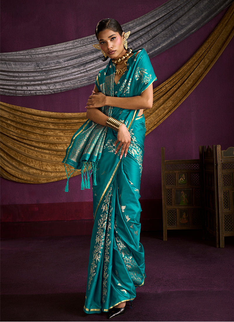 Teal Blue Brocade Handloom Woven Silk Saree