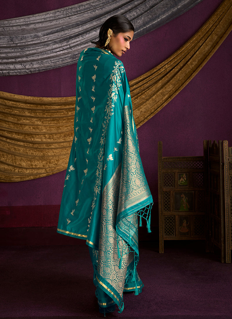 Teal Blue Brocade Handloom Woven Silk Saree