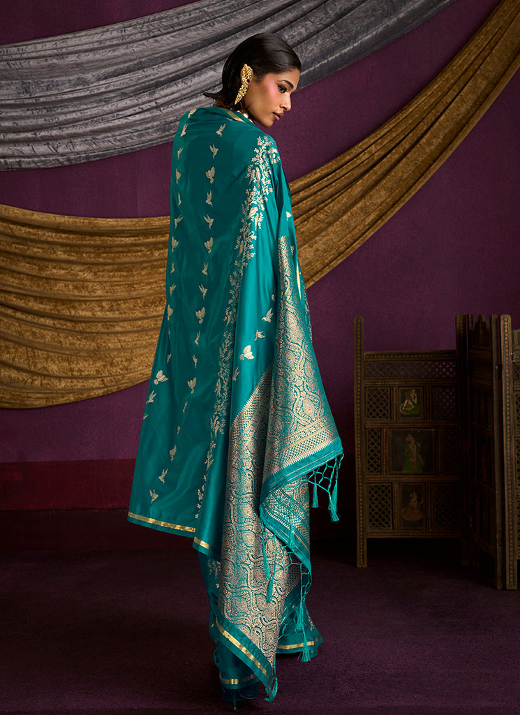 Teal Blue Brocade Handloom Woven Silk Saree