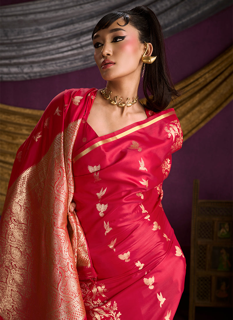Crimson Red Brocade Handloom Woven Silk Saree