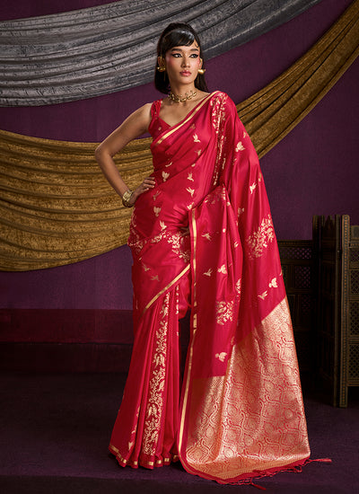 Crimson Red Brocade Handloom Woven Silk Saree