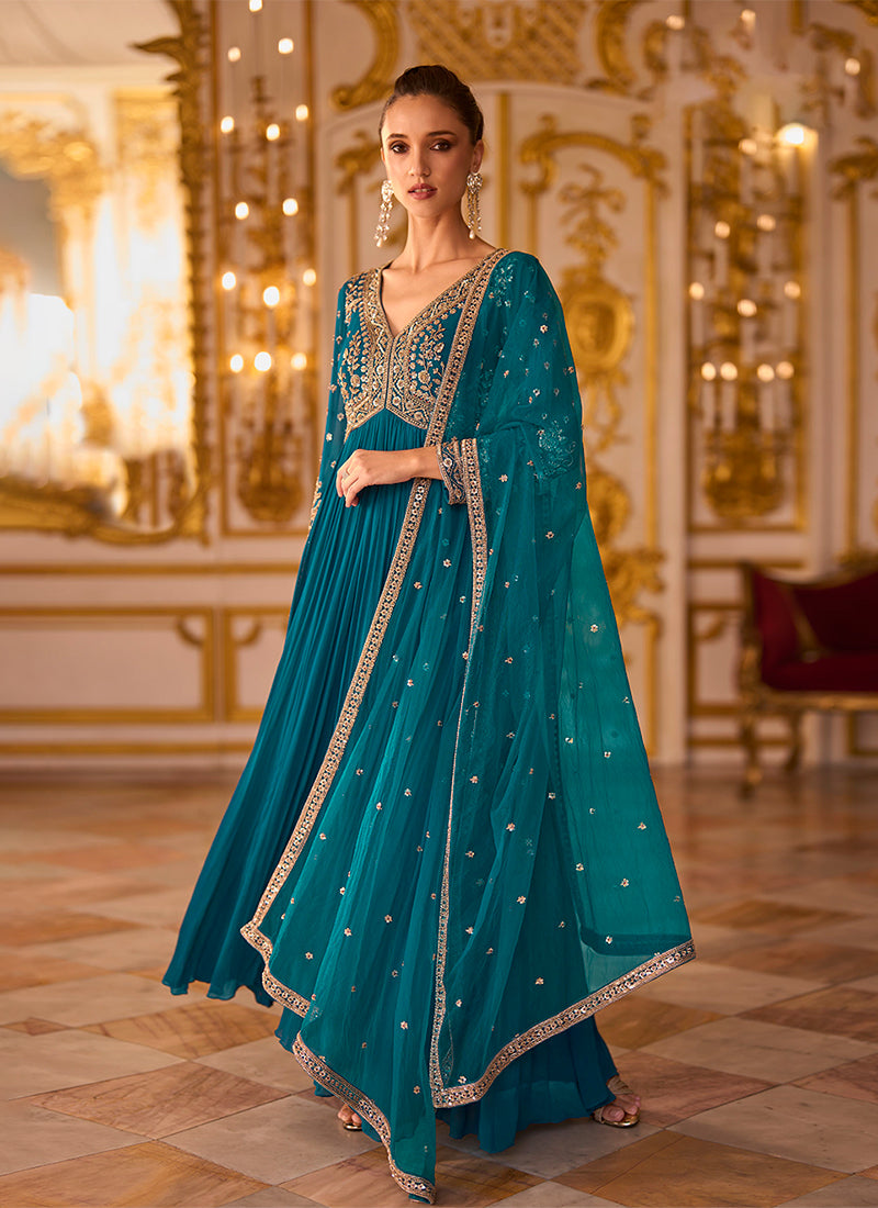 Jade Blue Embroidered Anarkali Suit