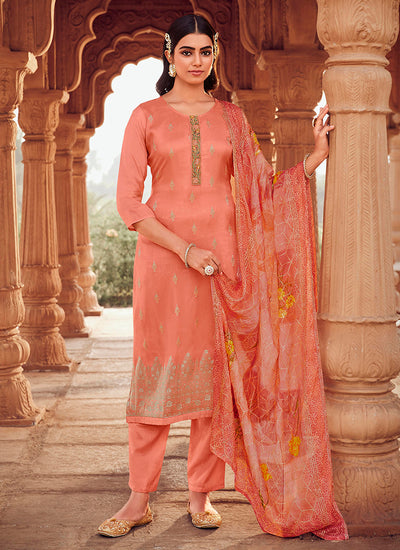 Peach Handwork Embroidery Traditional Pant Style Suit