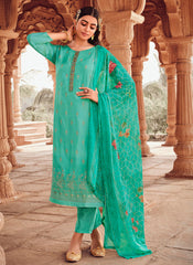 Teal Blue Handwork Embroidery Traditional Pant Style Suit