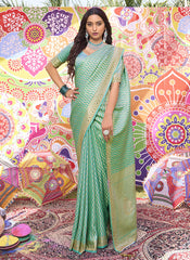Green Mirror And Stone Work Embroidery Brocade Satin Silk Saree