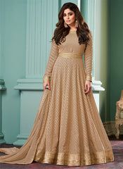 Beige Golden Embroidered Anarkali Dress For Wedding