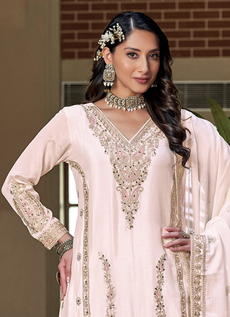 Baby Pink Embroidery Palazzo Style Suit