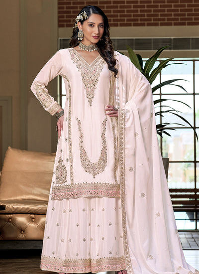 Baby Pink Embroidery Palazzo Style Suit