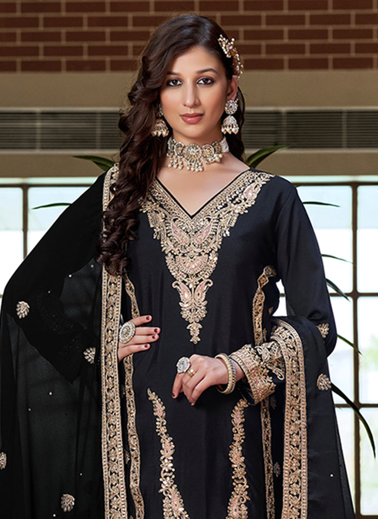 Black Embroidery Palazzo Style Suit