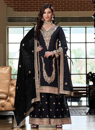 Black Embroidery Palazzo Style Suit