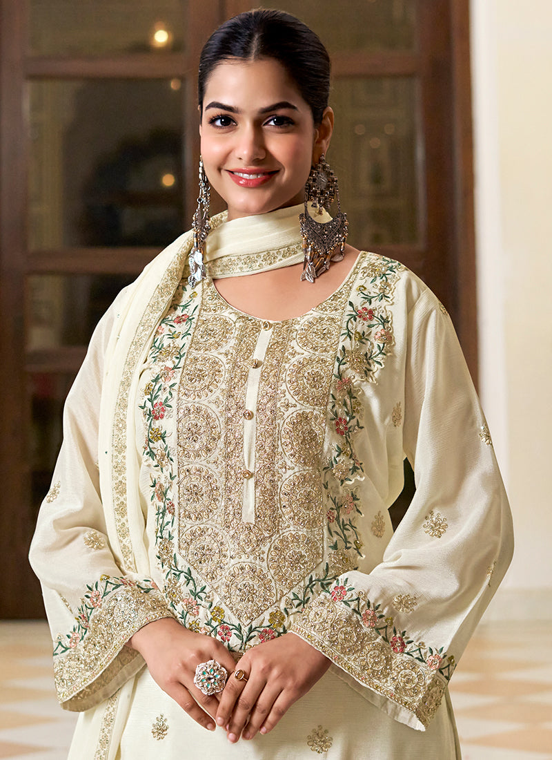 Off White Multi Embroidered Silk Gharara Suit