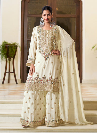 Off White Multi Embroidered Silk Gharara Suit