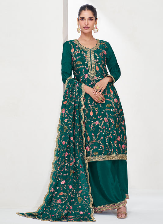 Green Floral Embroidery Festival Palazzo Suit