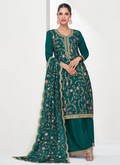 Green Floral Embroidery Festival Palazzo Suit