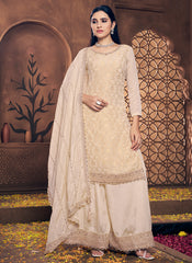 Beige Golden Embroidery Festive Palazzo Suit