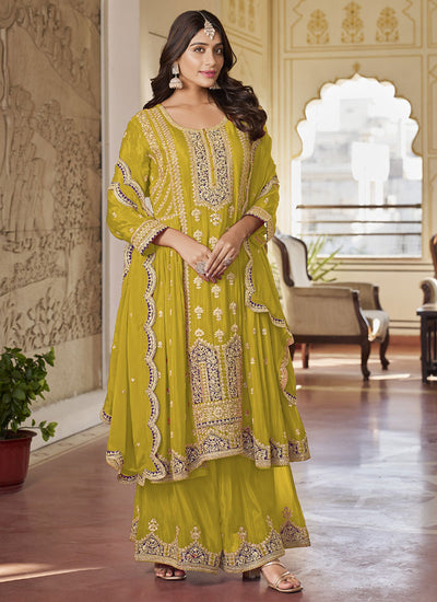 Yellow Multi Embroidery Anarkali Sharara Suit