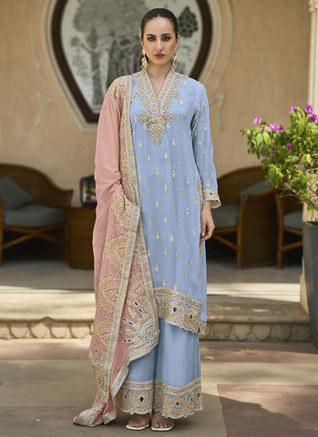 Blue And Pink Multi Embroidery Palazzo Style Suit