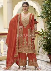 Orange Golden Embroidered Pakistani Palazzo Style Suit