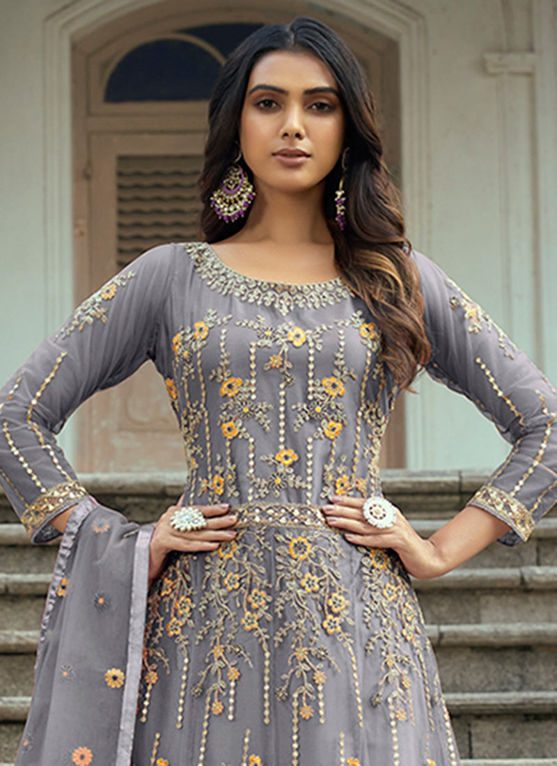 Grey Multi Embroidery Traditional Anarkali Suit