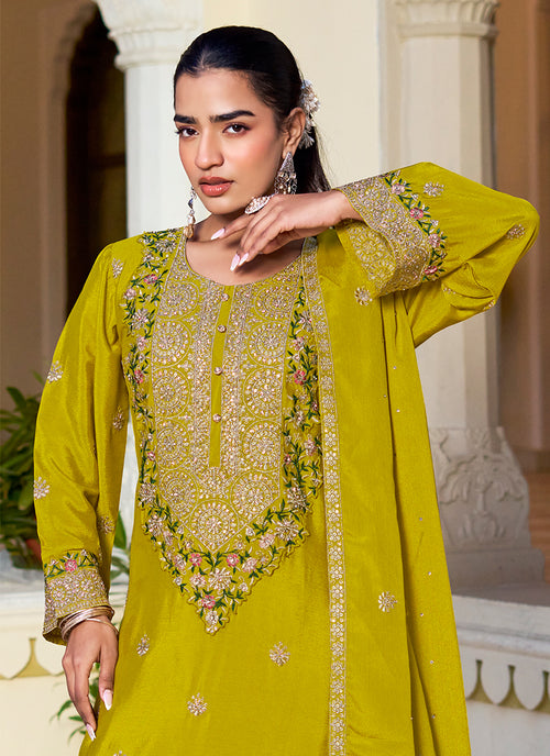 Lime Green Multi Embroidered Silk Gharara Suit