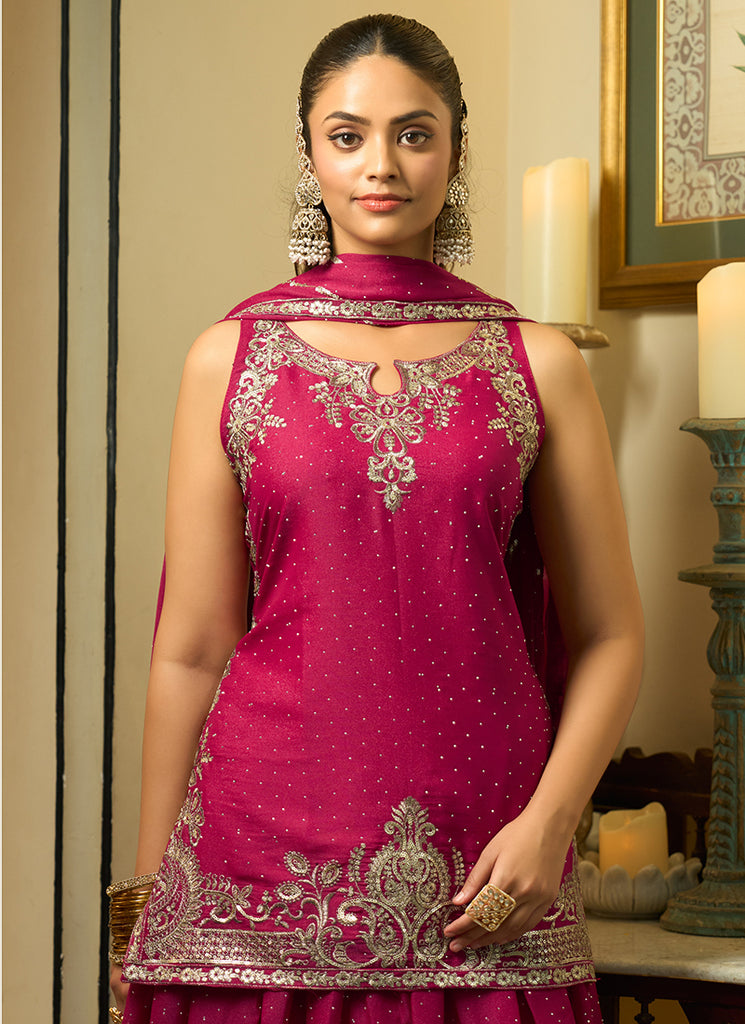 Magenta Traditional Embroidery Lehenga Kurti