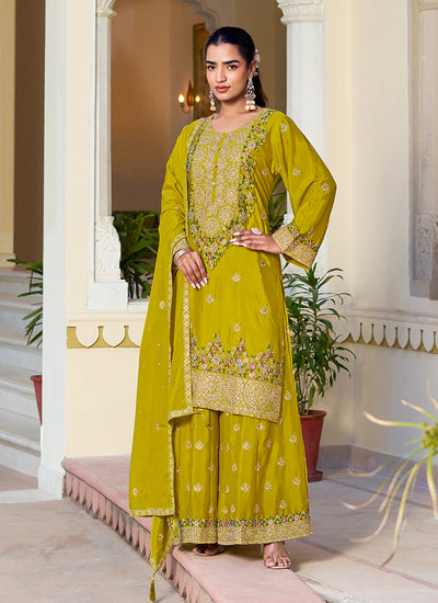 Lime Green Multi Embroidered Silk Gharara Suit