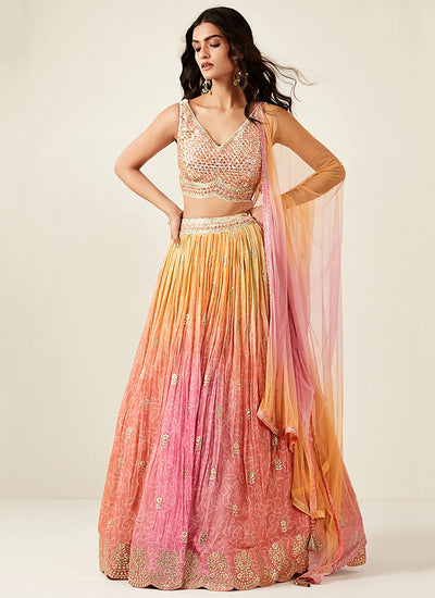 Pinkish Orange Embroidery Wedding Lehenga Choli