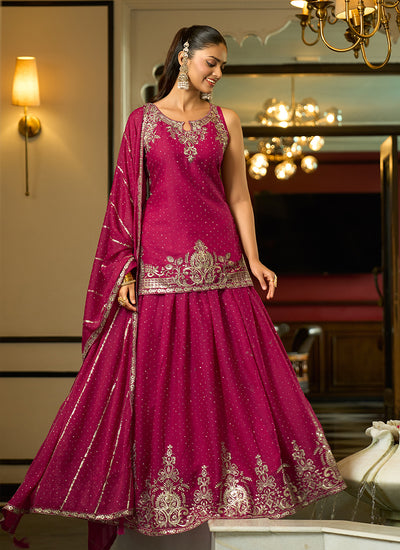 Magenta Traditional Embroidery Lehenga Kurti