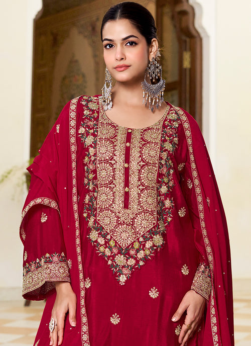 Cherry Red Multi Embroidered Silk Gharara Suit
