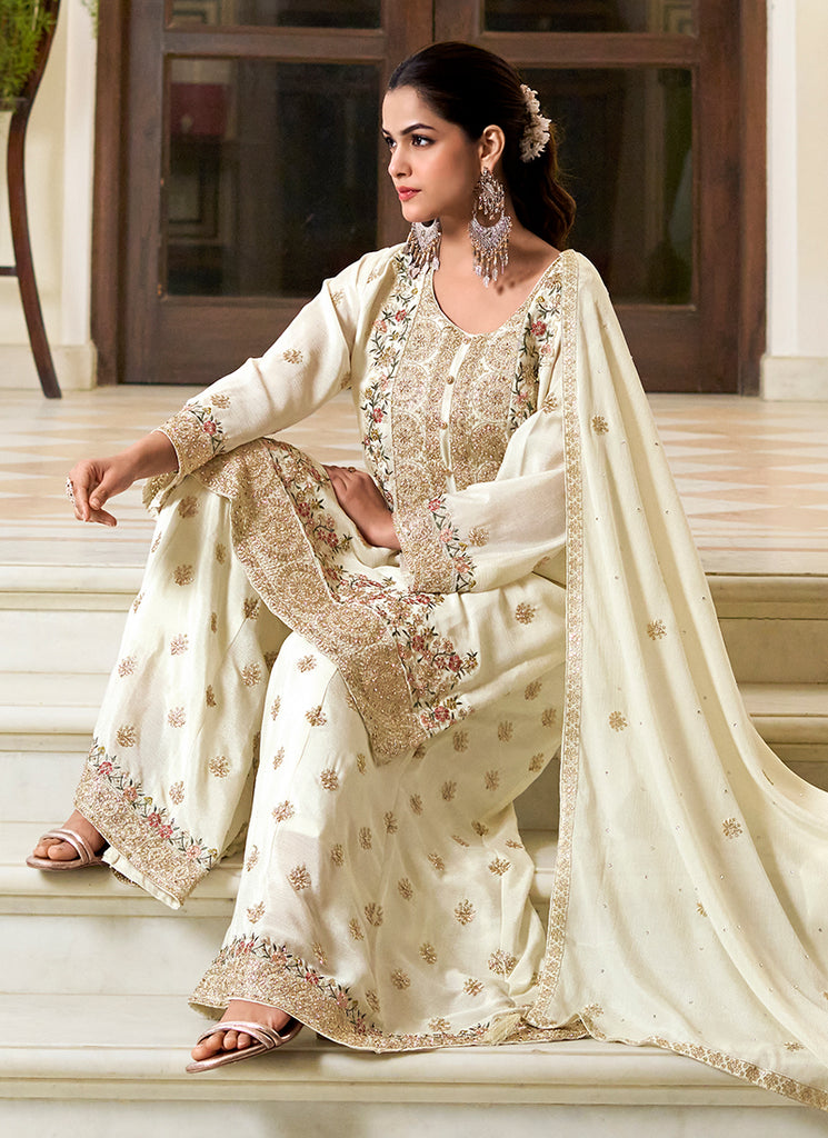 Off White Multi Embroidered Silk Gharara Suit