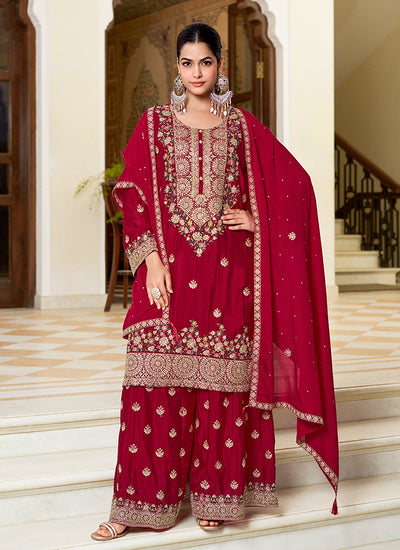 Cherry Red Multi Embroidered Silk Gharara Suit