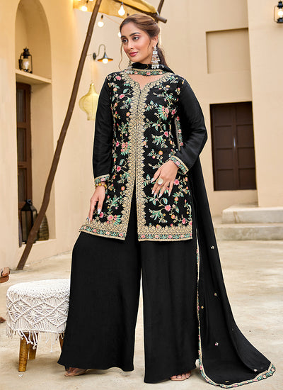 Black Multi Embroidery Sharara Style Suit