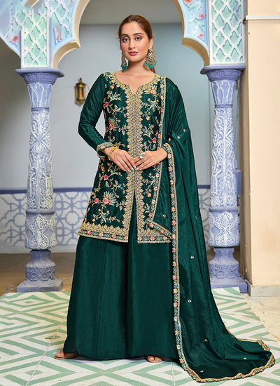 Bottle Green Multi Embroidery Sharara Style Suit