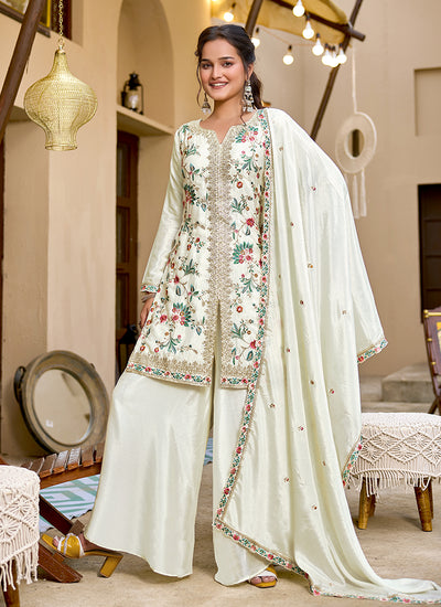 Cream White Multi Embroidery Sharara Style Suit
