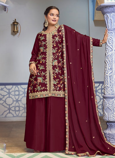 Deep Red Multi Embroidery Sharara Style Suit