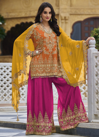 Orange And Pink Traditional Embroidery Sharara Style Suit