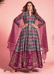 Grey Pink Multicoloured Silk Jacquard Anarkali Gown
