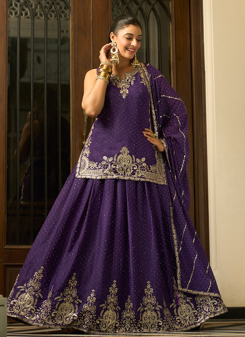 Purple Traditional Embroidery Lehenga Kurti