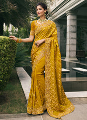 Yellow Multi Embroidery Tissue Silk Saree