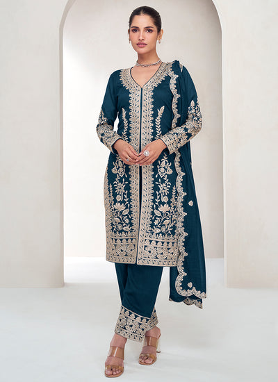 Turquoise Embroidered Silk Salwar Kameez Suit