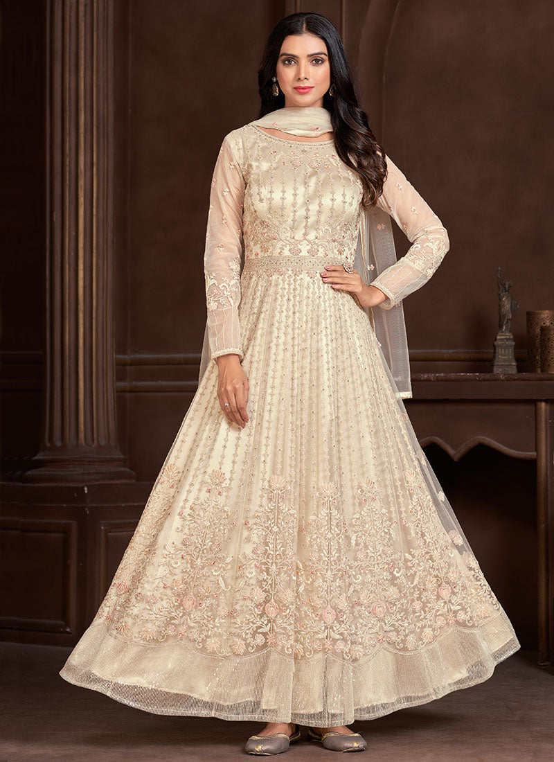 Off White Thread And Sequence Embroidery Net Anarkali Suit