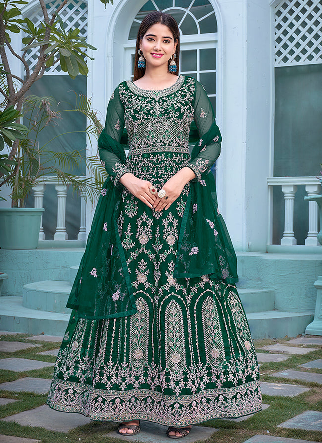 Dark Green Embroidery Traditional Anarkali Suit