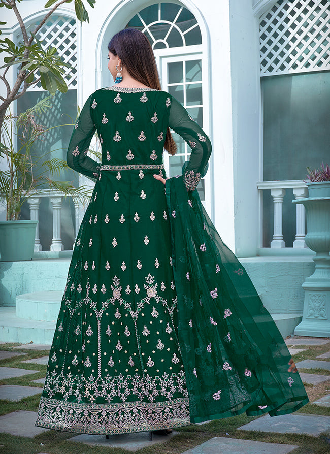 Buy Bottle Green Anarkali Suit In Raw Silk With Patola Print And Kundan  Detailing Along With A Yellow Net Dupatta Online - Kalki Fashion