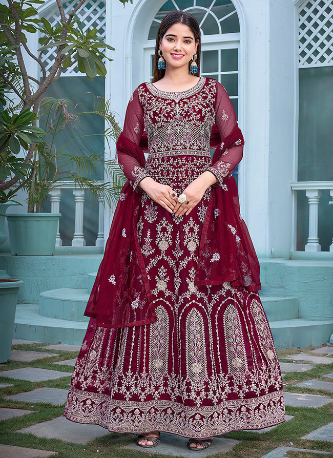 Cherry Red Embroidery Traditional Anarkali Suit