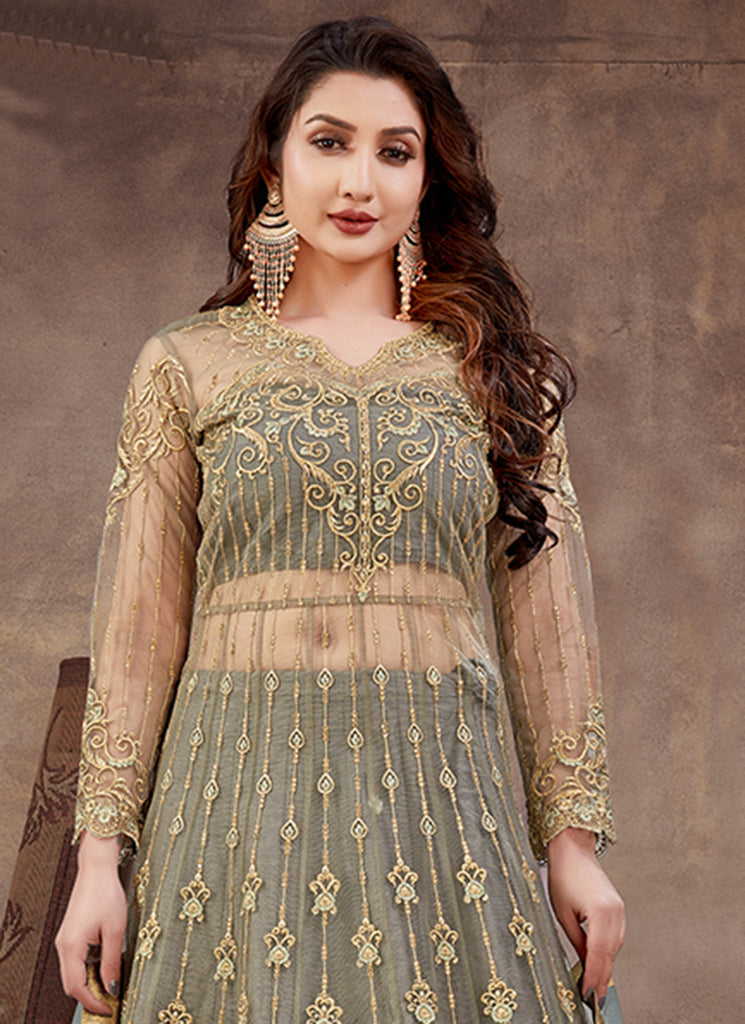 Slate Grey Embroidery Wedding Anarkali Lehenga In USA UK Canada