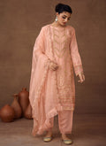 Peach Designer Embroidered Organza Pant Suit