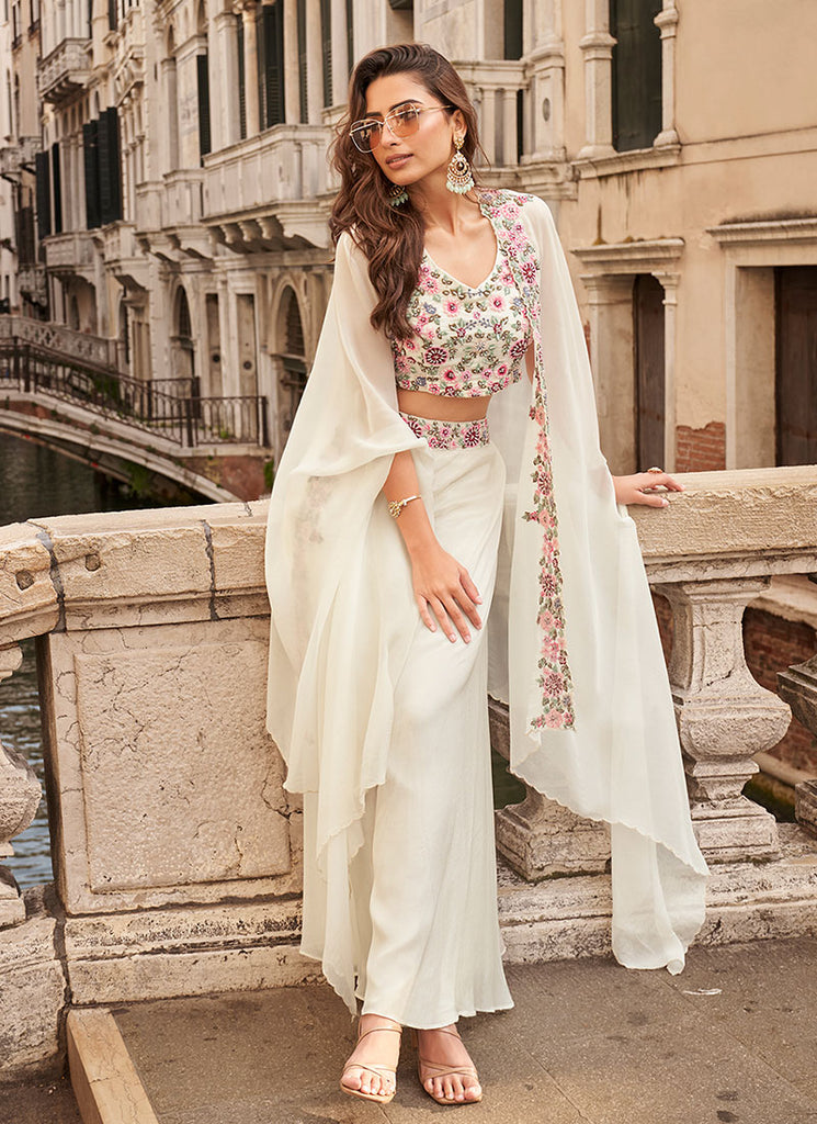 Off White Floral Embroidered Cape Style Palazzo Suit