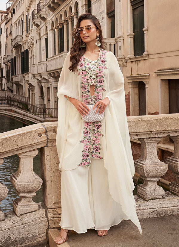 Off White Floral Embroidered Cape Style Palazzo Suit